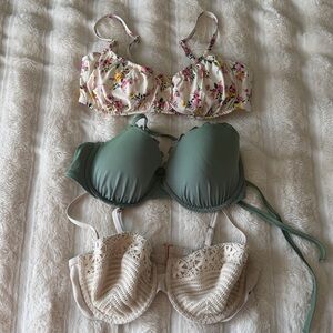 Floral, Green, and Crochet Bikini Tops-Set of 3